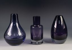 THREE MID TWENTIETH CENTURY STYLISH AMETHYST GLASS VASES, including: TWO BY KROSNO, POLAND, one with