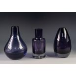 THREE MID TWENTIETH CENTURY STYLISH AMETHYST GLASS VASES, including: TWO BY KROSNO, POLAND, one with