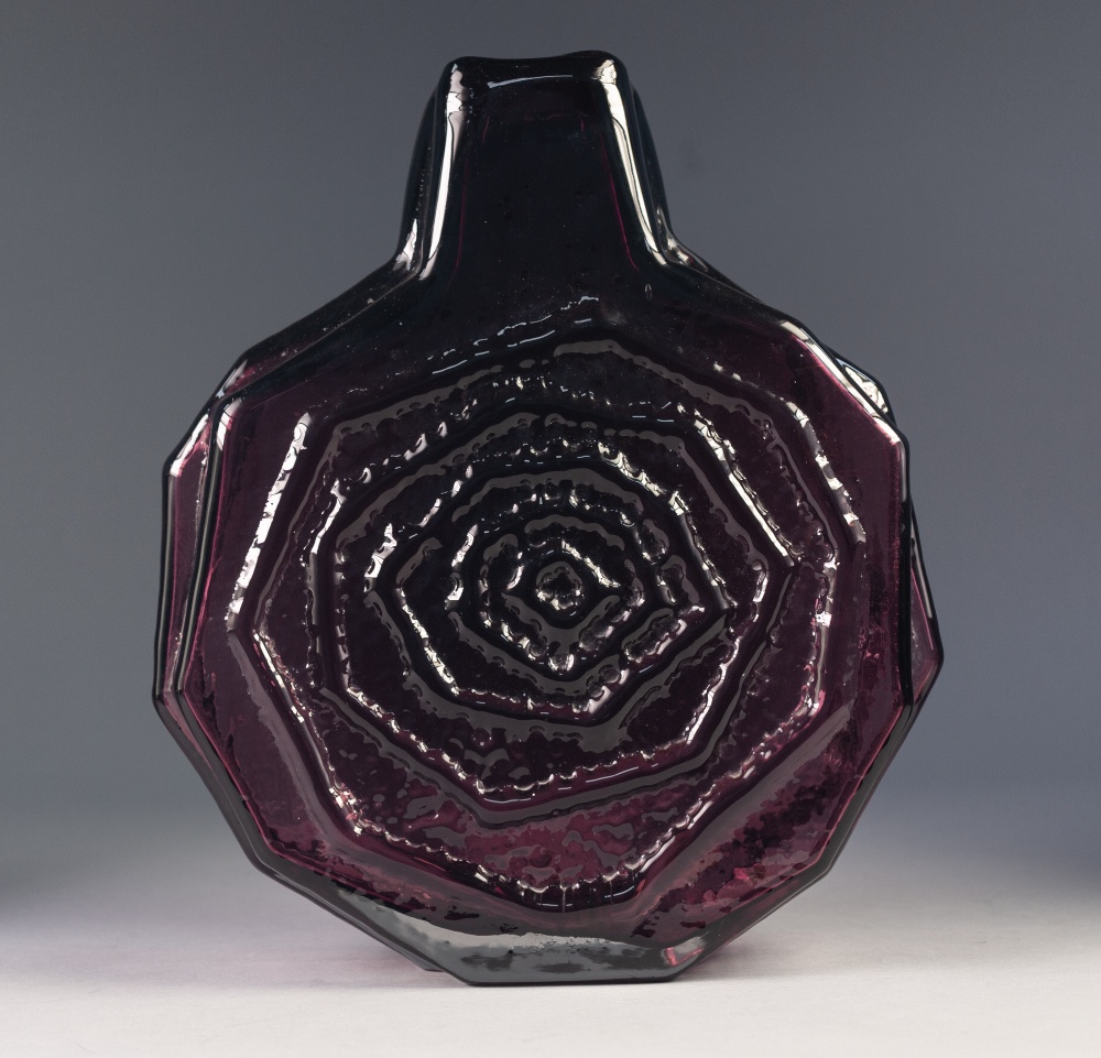 GEOFFREY BAXTER FOR WHITEFRIARS GLASS, AUBERGINE COLOURED MOULDED GLASS LARGE 'BANJO' VASE, 12 ½" (