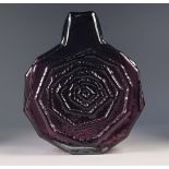 GEOFFREY BAXTER FOR WHITEFRIARS GLASS, AUBERGINE COLOURED MOULDED GLASS LARGE 'BANJO' VASE, 12 ½" (