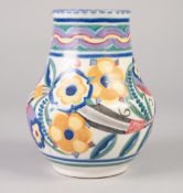 A POST 1921 POOLE POTTERY BALUSTER SHAPE VASE, typically decorated in mauve, blue, pink, green and