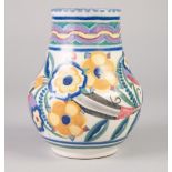 A POST 1921 POOLE POTTERY BALUSTER SHAPE VASE, typically decorated in mauve, blue, pink, green and