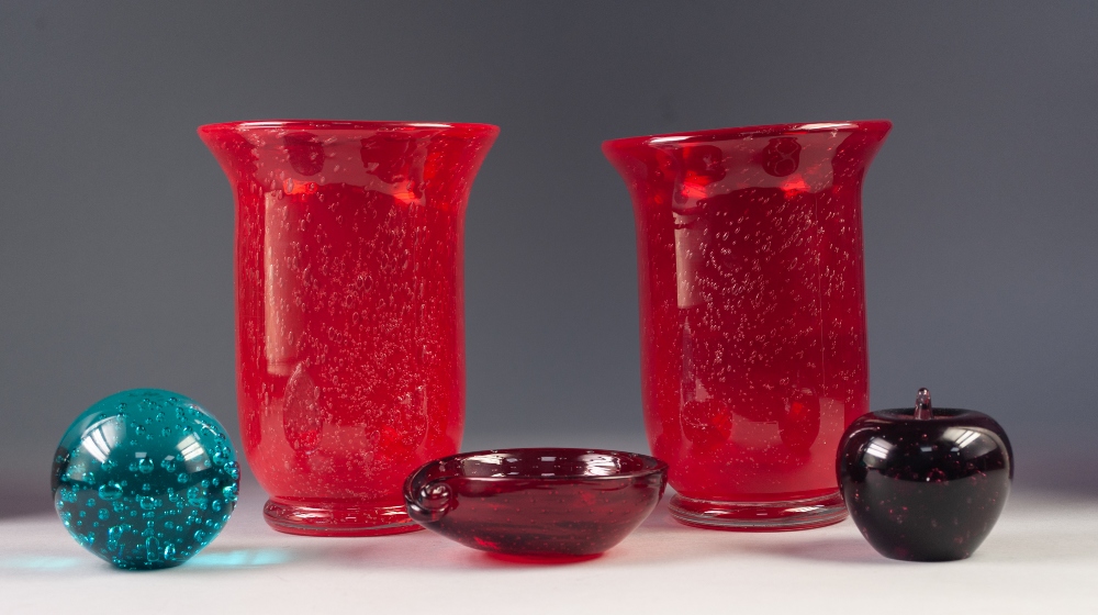 MID TWENTIETH CENTURY PAIR OF RUBY GLASS VASES WITH BUBBLE INCLUSIONS, each of footed, cylindrical