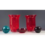 MID TWENTIETH CENTURY PAIR OF RUBY GLASS VASES WITH BUBBLE INCLUSIONS, each of footed, cylindrical