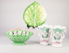 MALING GREEN LUSTRE POTTERY BOAT SHAPED FLOWER BOWL, of footed form, with border of white flower