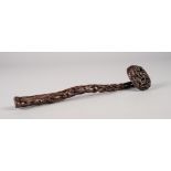 A CHINESE MID QING DYNASTY FINELY CARVED WOODEN RUYI SCEPTRE openwork with ascending bamboo, lingzhi