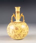 LATE NINETEENTH CENTURY MINTONS TWO HANDLED CHINA VASE, of globular form with angular gilt handles