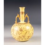 LATE NINETEENTH CENTURY MINTONS TWO HANDLED CHINA VASE, of globular form with angular gilt handles