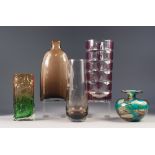 FIVE STYLISH MID TWENTIETH CENTURY AND LATER GLASS VASES, comprising: FADING AMBER/ GREEN BARK