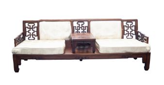 GOOD CHINESE POST-WAR HUALI WOOD 'OPIUM' SUITE, of long seat with twin padded cushion inset back