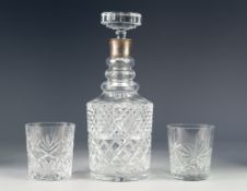 CUT GLASS DECANTER WITH STOPPER AND SILVER COLLAR, together with a SET OF SIX CUT GLASS TUMBLERS, (