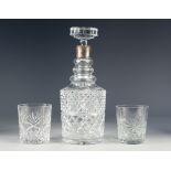 CUT GLASS DECANTER WITH STOPPER AND SILVER COLLAR, together with a SET OF SIX CUT GLASS TUMBLERS, (