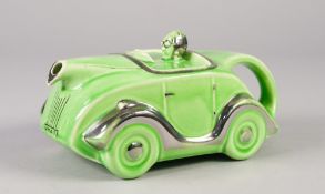 SADLERS STYLE GREEN GLAZED RACING CAR PATTERN POTTERY TEAPOT, heightened in platinum lustre, 'MADE