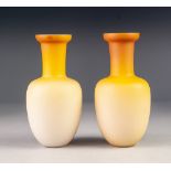 PAIR OF LATE VICTORIAN FADING YELLOW CASED GLASS VASES, each of Indian club form, 6 ¾" (17.2cm)