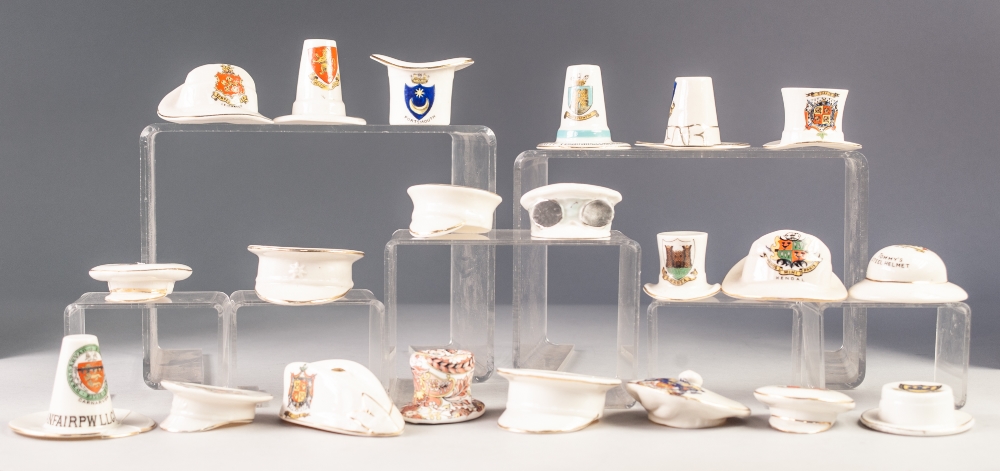 TWENTY ONE MINIATURE CRESTED CHINA HATS, including: CARLTON CHINA- ST IVES TOP HAT, LEICESTER BUSH