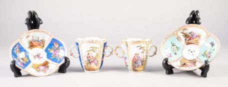 TWO LATE NINETEENTH CENTURY HELENA WOLFSOHN (DRESDEN) QUATREFOIL SHAPED CABINET CUPS AND SAUCERS,