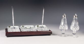 BOXED WATERFORD CUT GLASS THREE PIECE DESK SET WITH MIRRORED STAND AND PAIR OF BALL POINT PENS,