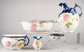 EARLY 1900s ROYAL DOULTON (BURSLEM) POTTERY TOILET SET of jug and wash basin, chamber pot, soap dish