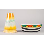 SHELLEY DRIZZLE GLAZED CHINA VASE, of conical form, glazed in bands of orange, yellow, green an