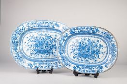 TWO EARLY 19th CENTURY STAFFORDSHIRE PEARL WARE GRADUATED MEAT DISHES, transfer printed in