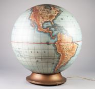 1940'S OPAQUE WHITE GLASS HAND PAINTED ILLUMINATED TERRESTRIAL GLOBE, 20" (50.8cm) high, on a gilt