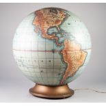 1940'S OPAQUE WHITE GLASS HAND PAINTED ILLUMINATED TERRESTRIAL GLOBE, 20" (50.8cm) high, on a gilt