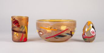 THREE PIECES OF MURANO GLASS WITH COLOURED CANE INCLUSIONS, comprising: FRUIT BOWL, 4" (10.2cm)