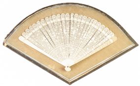 NINETEENTH CENTURY CHINESE CARVED AND PIERCED IVORY FAN, each of the twenty four sticks finely