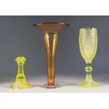 STYLISH AMBER TINTED GLASS LARGE TRUMPET VASE, with clear foot, 11" (28cm) high, together with TWO