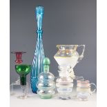 STYLISH 1950's IRIDESCENT GLASS DECANTER AND STOPPER, of ribbed form with green enamelled stopper