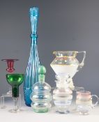 STYLISH 1950's IRIDESCENT GLASS DECANTER AND STOPPER, of ribbed form with green enamelled stopper