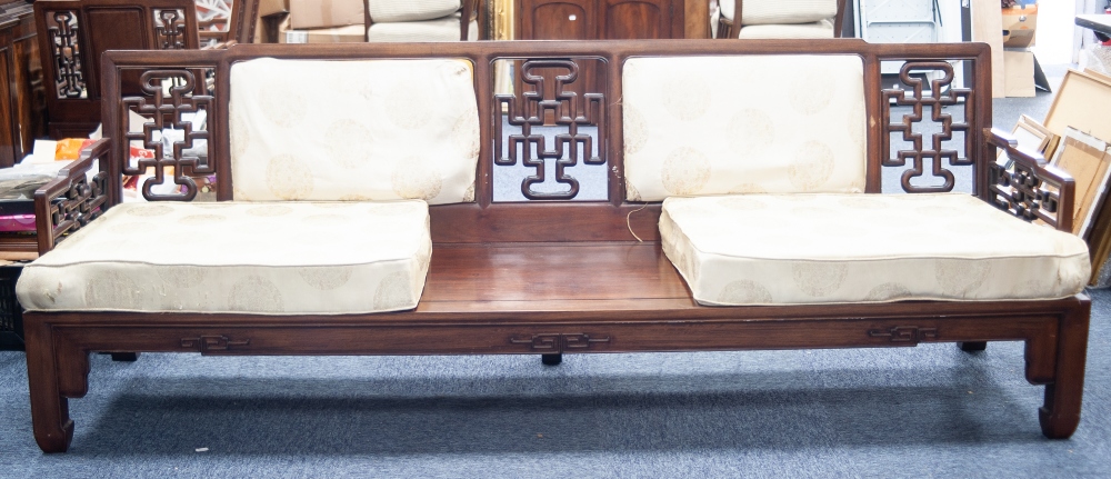 GOOD CHINESE POST-WAR HUALI WOOD 'OPIUM' SUITE, of long seat with twin padded cushion inset back - Image 3 of 3