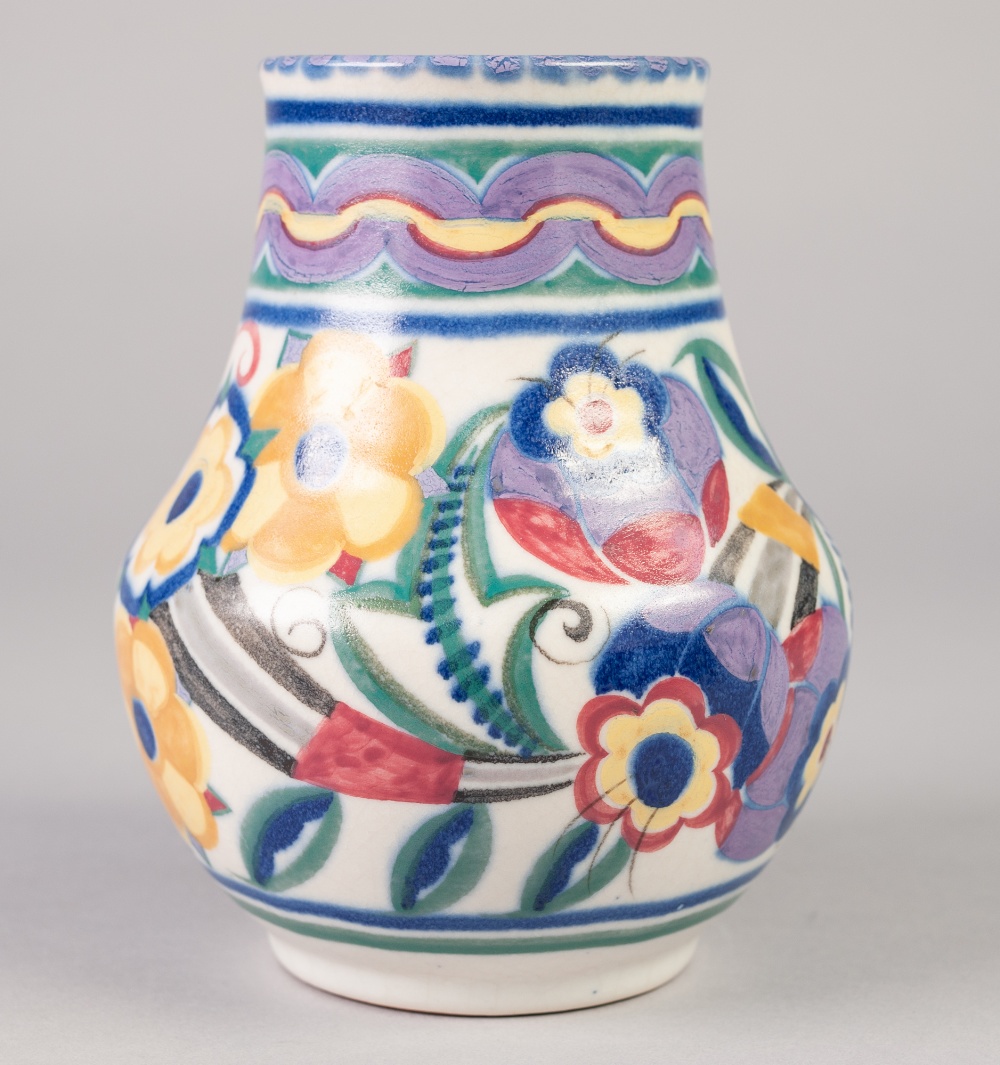 A POST 1921 POOLE POTTERY BALUSTER SHAPE VASE, typically decorated in mauve, blue, pink, green and - Image 3 of 3