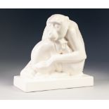 A 1930's WEDGWOOD WHITE GLAZED MODEL by John Skeaping of an ape cradling its offspring, on a