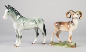 BESWICK MODEL OF A MOUNTAIN GOAT, 7 1/2" high and BESWICK MODEL OF A STANDING GREY HORSE, 8 1/4"