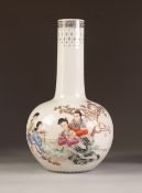 A POST WAR CHINESE PORCELAIN BOTTLE SHAPE VASE, well painted in enamels with four Mei-jen sat before