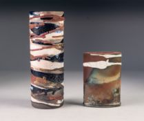 BABS TAYLOR, TWO RAKU FIRED STUDIO POTTERY VASES, one of elliptical, footed form, 5" (12.7cm)