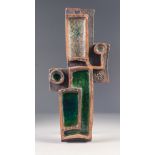 MODERN STUDIO POTTERY AND GLASS WALL HANGING, of cross form with five shaped compartments containing