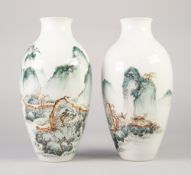 A FINE PAIR OF CHINESE REPUBLIC PERIOD (1911-1949) PORCELAIN SLENDER OVIFORM VASES painted in