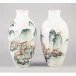 A FINE PAIR OF CHINESE REPUBLIC PERIOD (1911-1949) PORCELAIN SLENDER OVIFORM VASES painted in