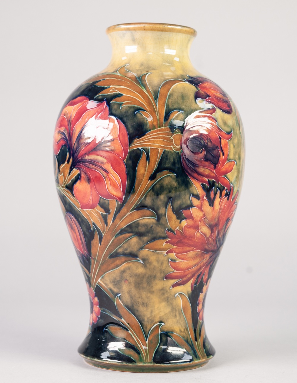 A GOOD INTER-WAR YEARS WILLIAM MOORCROFT POTTERY INVERTED BALUSTER SHAPE VASE, tube-lined with brick - Image 3 of 5