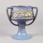 1930'S WILKINSON'S ROYAL STAFFORDSHIRE POTTERY THREE HANDLED MOULD POTTERY PEDESTAL BOWL, of chalice