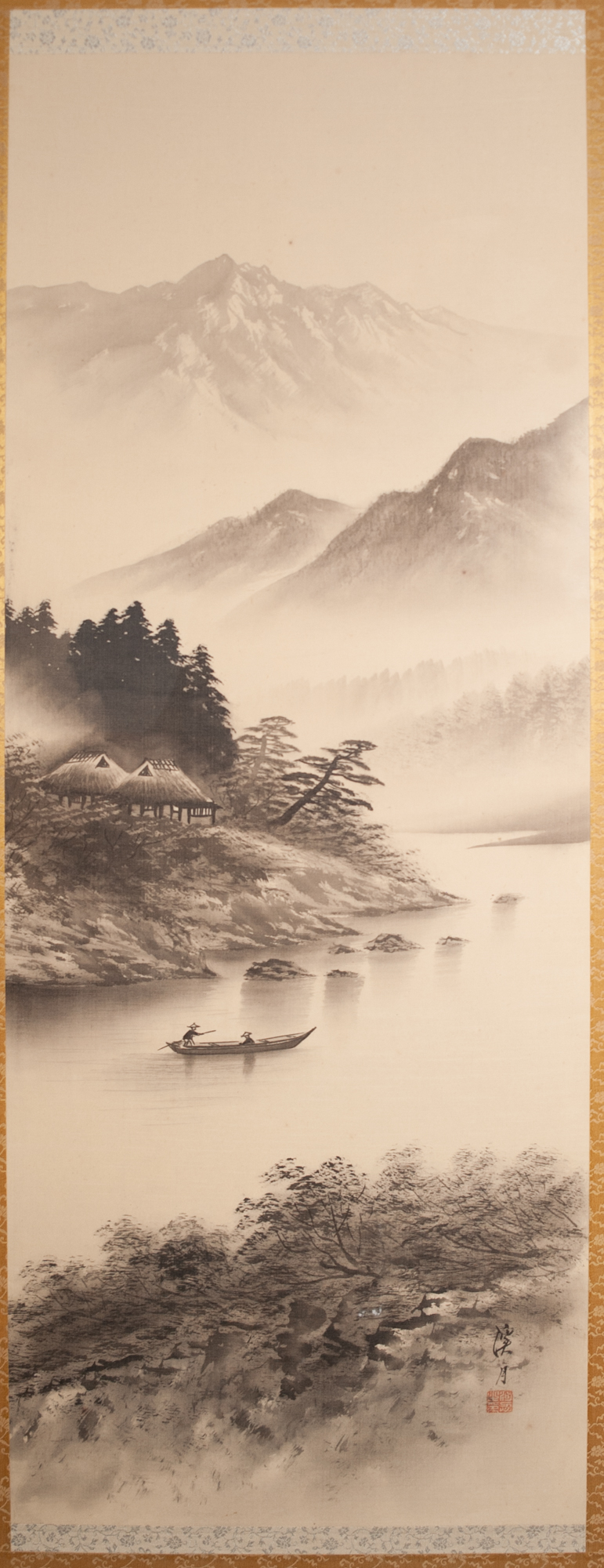 CHINESE MONOCHROME WATERCOLOUR DRAWING ON SILK PANEL, depicting a sampan and dwelling in a