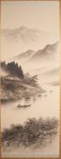 CHINESE MONOCHROME WATERCOLOUR DRAWING ON SILK PANEL, depicting a sampan and dwelling in a