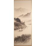 CHINESE MONOCHROME WATERCOLOUR DRAWING ON SILK PANEL, depicting a sampan and dwelling in a