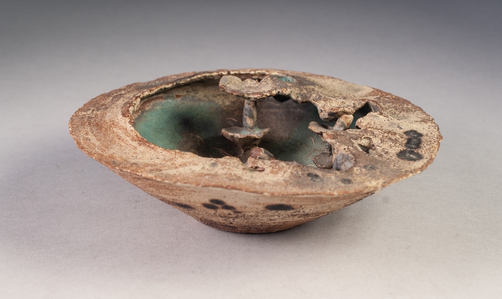 ROBERT FOURNIER MOULDED STUDIO POTTERY WATER GARDEN OR CRATER BOWL, of typical form, glazed in