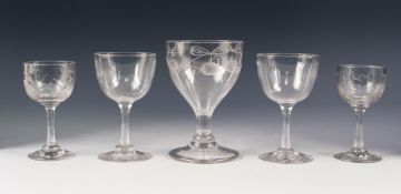 FIVE ANTIQUE DRINKING GLASSES, comprising: a RUMMER, with engraved ribbon tied swagged border to the