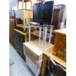 A PHILIPS 22" FLAT SCREEN TV. REMOTE AND A GLASS THREE TIER TV. STAND (2)