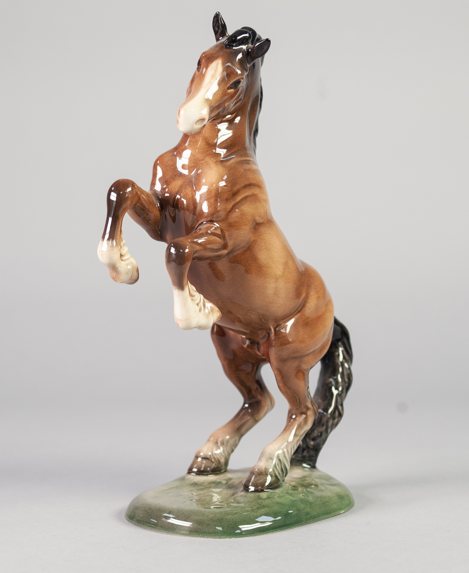 BESWICK MODEL OF A REARING BROWN HORSE, WITH BLACK MANE AND TAIL, 10 1/2" HIGH