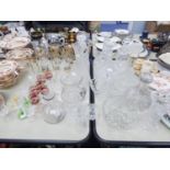 GROUP OF CUT GLASS TABLE WARES TO INCLUDE; DECANTERS, BOWLS, BASKETS, GLASSES ETC.....